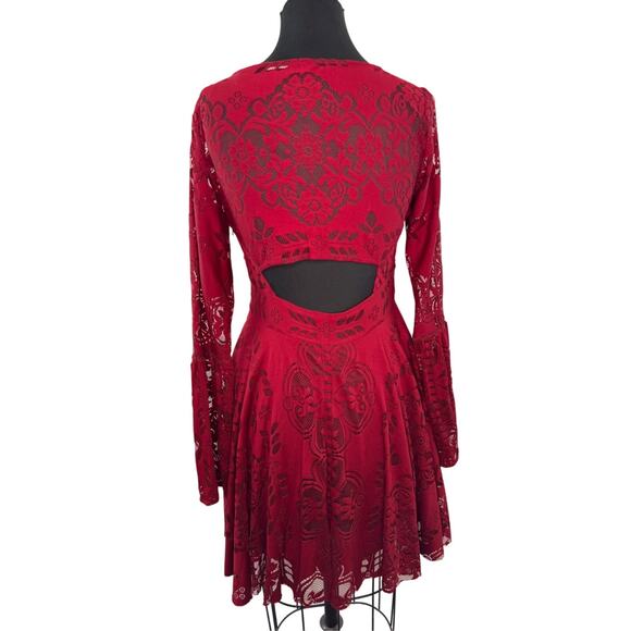 FREE PEOPLE Deep Red Lace Lovers Folk Song Dress Floral Bell Sleeve Party Size 6 - Picture 1 of 8